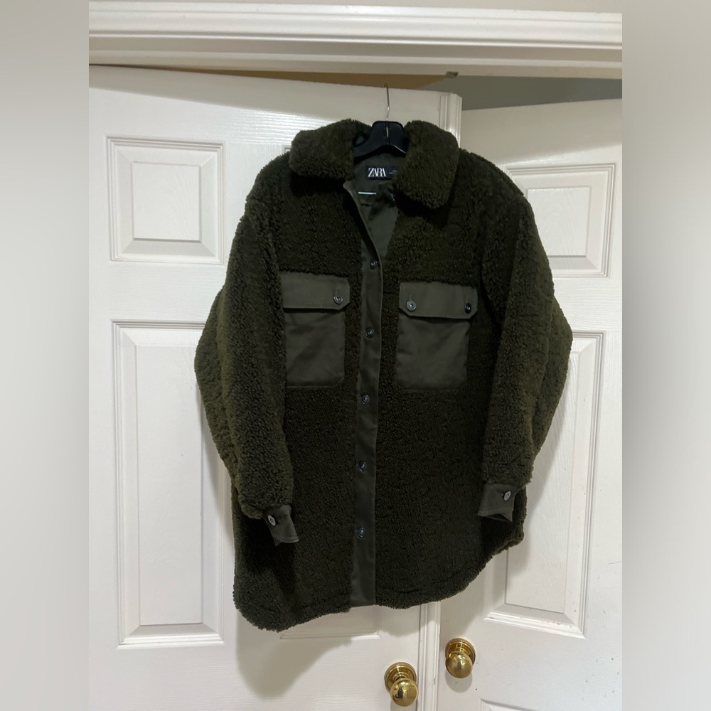 Zara Sherpa Fleece Shearling  teddy olive green Jacket warm cozy NWNT women sz S
